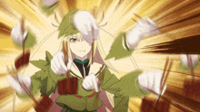 a girl with a green hat and white gloves is holding a sword