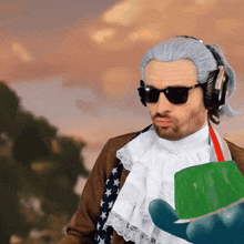 a man wearing a wig and sunglasses is holding a green container