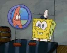 spongebob and patrick from spongebob squarepants are looking out a window