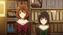 two anime girls are standing next to each other in front of a bookshelf with binders that say " a " and " a "