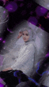 a woman wearing a hijab is surrounded by purple bubbles and a sign that says oppo