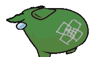 a cartoon drawing of a green frog with a square on its back