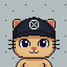 a pixel art drawing of a cat wearing a black hat with a cross on it