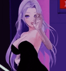 a girl with purple hair is wearing a black dress and waving her hand .