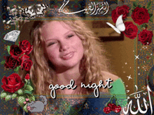 a picture of a girl surrounded by flowers and the words " good night "