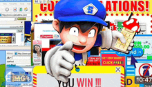a cartoon character is pointing at a sign that says " you win "