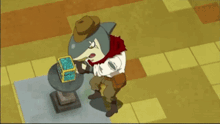 a cartoon of a shark looking into a blue box