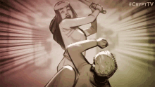 a drawing of a woman swinging a bat with the hashtag #cryptv
