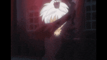 a cartoon character with white hair and wings is standing in front of a red curtain .