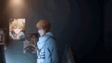 a man stands in a dark room with posters on the wall including one that says ' king of fighters '