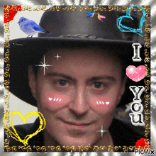 a picture of a man in a cowboy hat with hearts and the words i love you