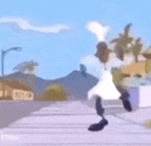 a cartoon of a man running down a sidewalk with his arms outstretched .