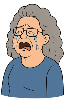 a cartoon of an elderly woman crying with tears coming out of her eyes