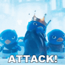 a blue penguin with a crown on his head is surrounded by other blue penguins and the word attack is written in white letters