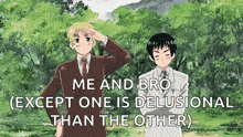 two anime characters are standing next to each other in a field .