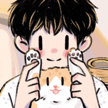 a cartoon drawing of a boy holding a cat 's paws