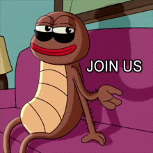a cartoon cockroach is sitting on a purple couch with the words join us written below him