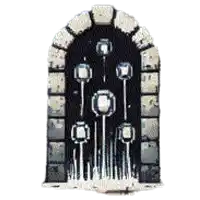 a pixel art drawing of a stone archway with flowers coming out of it on a white background .