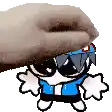 a hand is petting a cartoon character wearing sunglasses and a blue shirt .