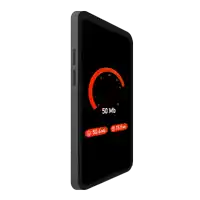 a phone with a speedometer on the screen that says 50 mb