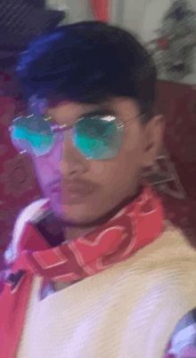 a blurry picture of a man wearing sunglasses and a red scarf