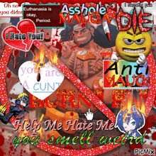 a collage of cartoon characters with the words " help me hate me you smell weird "