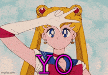 a picture of sailor moon making a peace sign with her hand