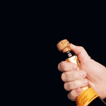 a hand is holding a bottle of champagne with a cork