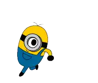 a cartoon minion with a big eye and a blue shirt is running