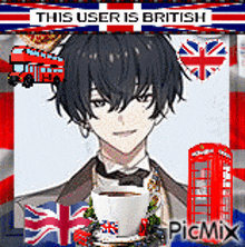 a man in a suit is holding a cup of coffee in front of a british flag .