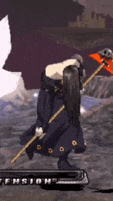 a pixel art drawing of a woman holding a stick with the word tension in the corner