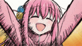 a drawing of a girl with pink hair is smiling