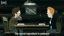 a cartoon of a man and woman sitting at a table with the words the secret ingredient is patience
