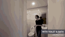 a woman standing next to a toilet with the words " with toilet & bath made in animotica " on the bottom