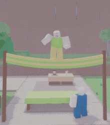 a person in a green shirt is standing on a hammock