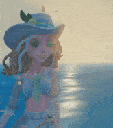 a girl wearing a hat and a necklace is standing in front of the ocean