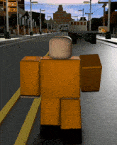 a cartoon character is walking down a street with a sign that says ' 79 97 ' on it