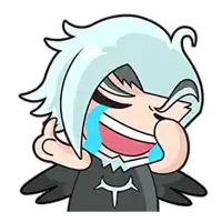 a cartoon character with white hair and black wings is crying and laughing .