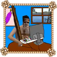 a drawing of a man sitting at a desk with a computer monitor