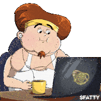a cartoon of a man sitting in front of a laptop that says $ fatty on it