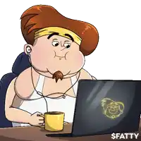 a cartoon of a man sitting in front of a laptop that says $ fatty on it