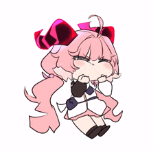 a drawing of a girl with long pink hair and a red bow
