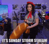a woman holding a loaf of bread with the words it 's sunday storm stream