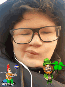 a boy wearing glasses and headphones has a picture of a leprechaun and a gnome on his face