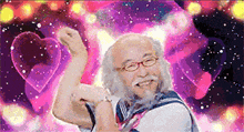a man with glasses and a beard is dancing in front of pink hearts