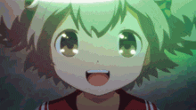 a close up of a girl 's face with a red shirt on