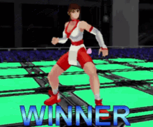 a video game character is standing on a stage with the word winner in blue letters
