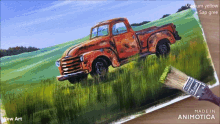 a painting of an old rusty red truck is made in animatica