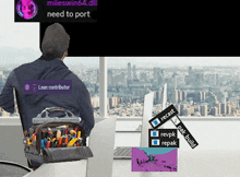 a man with a tool bag on his back is looking out a window with a sign that says lean contributor