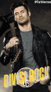a man in a black leather jacket is holding a guitar in front of a poster that says division 6